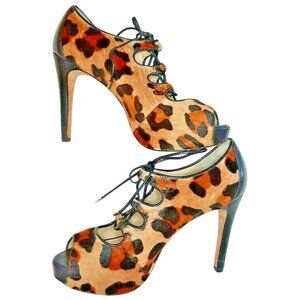 Leopard High 4" Heels Size 6M Talbots Haircalf Lace Up Open Toe Sexy